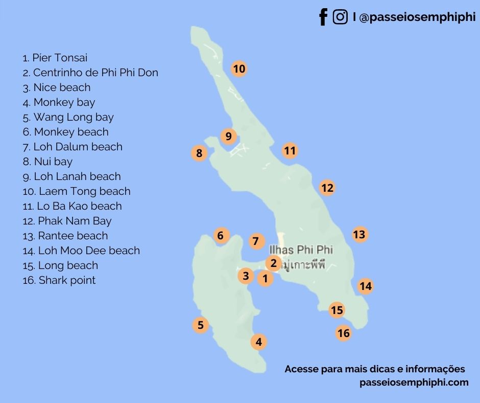 Mapa de Koh Phi Phi Don na Tailândia - praias e pontos de Phi Phi