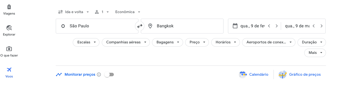 Pesquisa no Google Flights para encontrar passagem barata do Brasil para a Tailândia. Dicas gerais da Tailândia