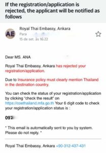 Email de contato com a Embaixada da Tailândia para a entrada no país durante a pandemia