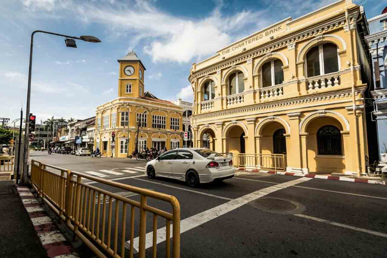 Arquitetura portuguesa de Phuket Town na Tailândia. 